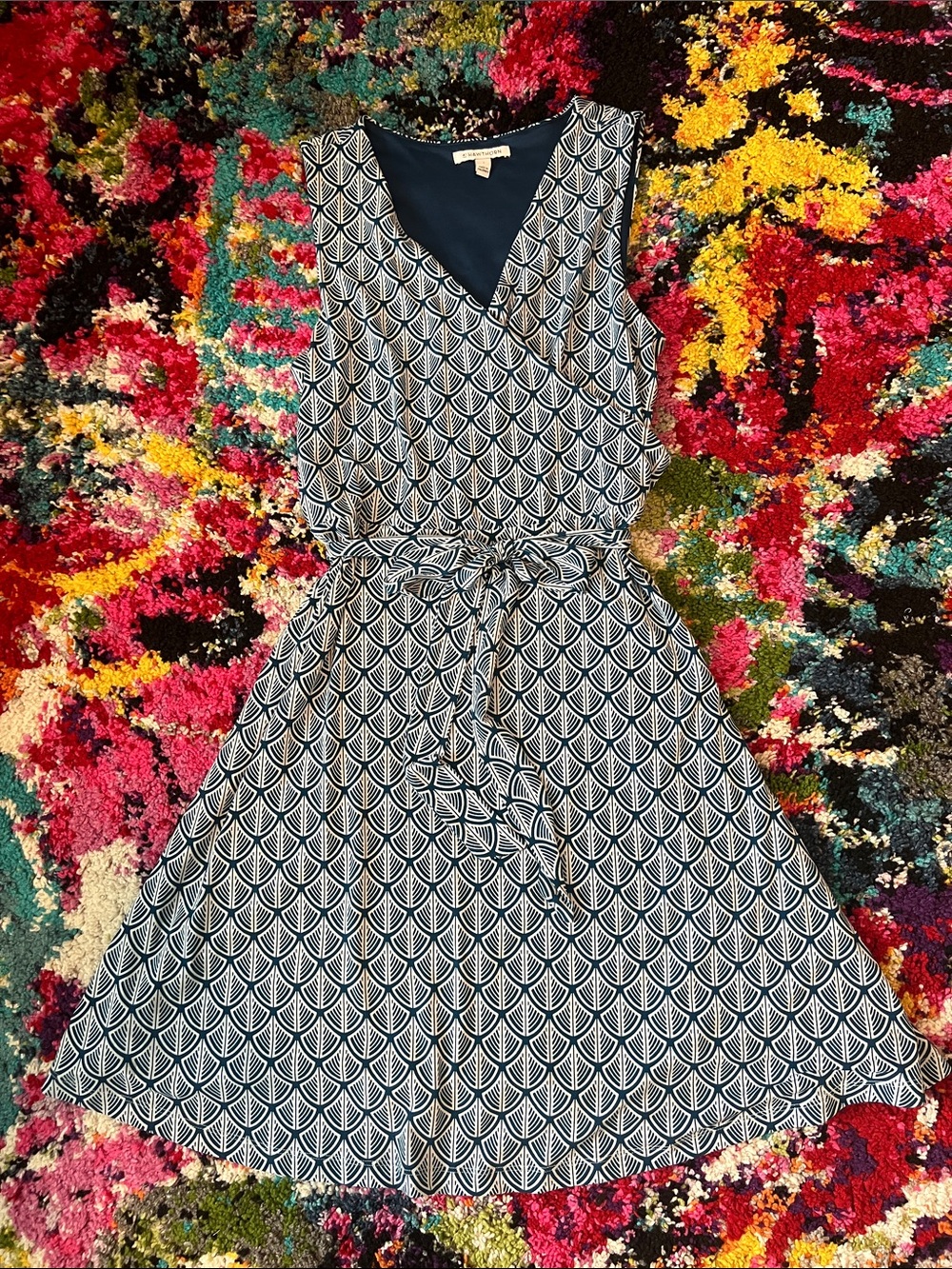 Sleeveless Teal & Light Cream Printed Wrap Dress with Tie Waist